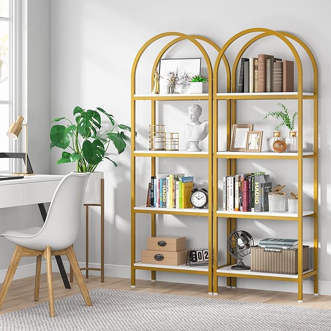 Tribesigns 4-Tier Open Bookshelf, 70.8" Modern Wood Bookcase Storage Shelves with Metal Frame, Freestanding Display Rack Tall Shelving Unit for Office, Bedroom, Living Room (White & Gold, 1PC)