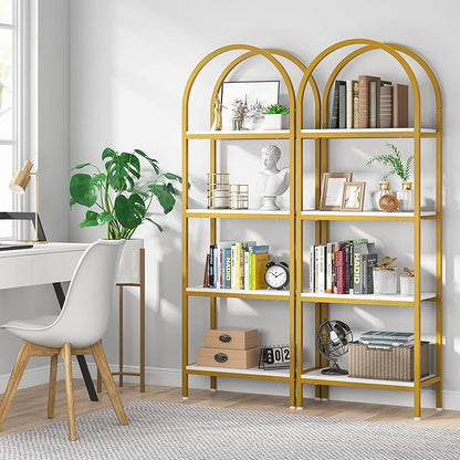 Tribesigns 4-Tier Open Bookshelf, 70.8" Modern Wood Bookcase Storage Shelves with Metal Frame, Freestanding Display Rack Tall Shelving Unit for Office, Bedroom, Living Room (White & Gold, 1PC)