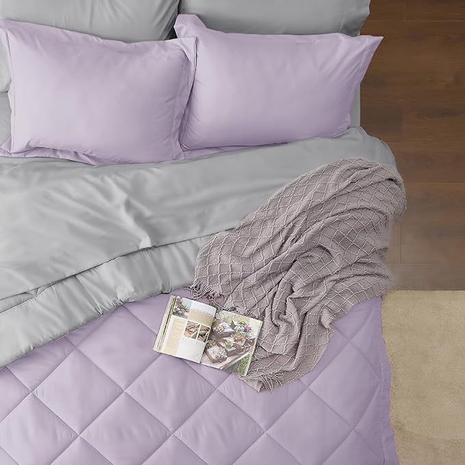Bedsure Light Purple Twin Comforter Set - 5 Pieces Reversible Twin Bed in a Bag, Extra Long Twin Bed Set Light Purple and Grey with Comforters, Sheets, Pillowcase & Sham