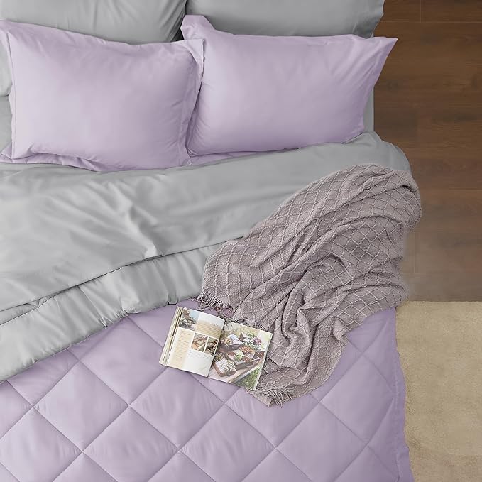Bedsure Light Purple Full Size Comforter Set - 7 Pieces Reversible Full Bed in a Bag, Full Bed Set Light Purple and Grey with Comforters, Sheets, Pillowcases & Shams