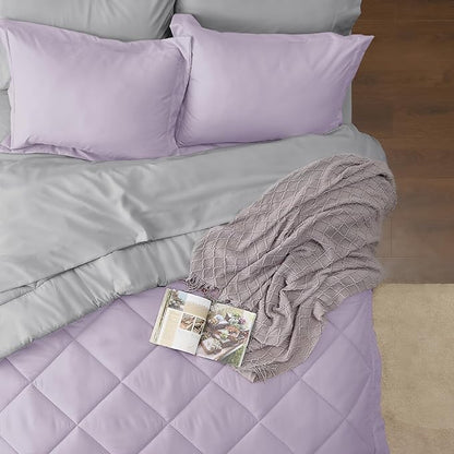 Bedsure Light Purple Queen Comforter Set - 7 Pieces Reversible Queen Bed in a Bag, Queen Bed Set Light Purple and Grey with Comforters, Sheets, Pillowcases & Shams