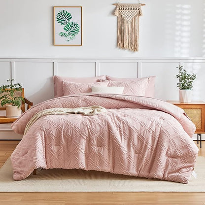 6 Pieces Tufted Bed in a Bag Twin Comforter Set with Sheets Blush, Soft and Embroidery Shabby Chic Boho Bohemian, Luxury Solid Color with Diamond Pattern, Jacquard Tufts Bedding Set for Kids Girls
