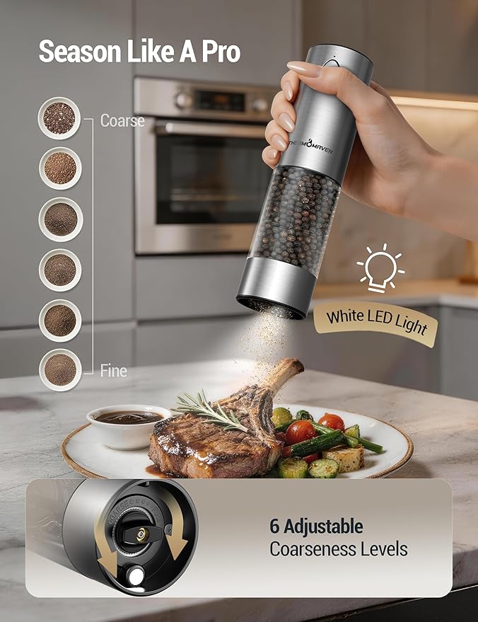 ThermoMaven Electric Salt and Pepper Grinder Set, 110ml Larger Rechargeable Automatic Salt and Pepper Mill Grinder with 6 Adjustable Coarseness, Electric Salt and Pepper Shakers, LED, Navy Blue