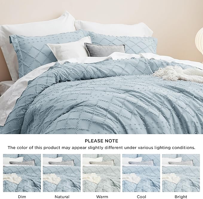 Bedsure Queen Comforter Set - Dusty Blue Comforter, Boho Tufted Shabby Chic Bedding Comforter Set, 3 Pieces Vintage Farmhouse Bed Set for All Seasons, Fluffy Soft Bedding Set with 2 Pillow Shams
