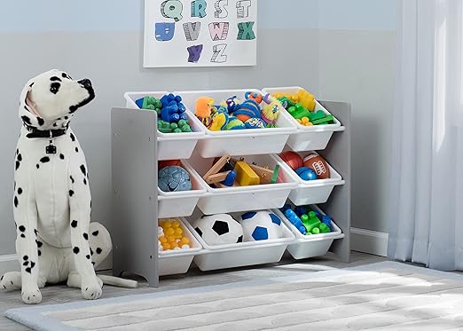 Delta Children MySize 9 Bin Plastic Toy Organizer - Greenguard Gold Certified, Grey & Serta Perfect Extra Wide Convertible Sofa to Lounger, Comfy 2-in-1 Flip Open Couch/Sleeper for Kids, Grey