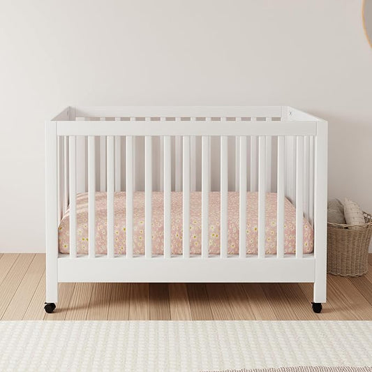 Babyletto Maki Full-Size 2-in-1 Portable Folding Crib with Toddler Bed Conversion Kit in White, Greenguard Gold Certified