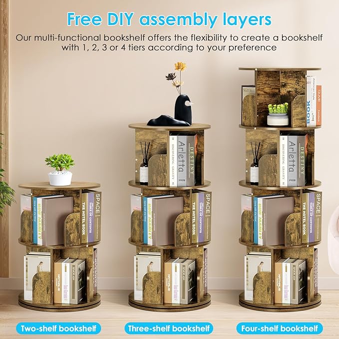 4 Tier Rotating Bookshelf kids, Small Corner Bookshelf for Small Space, 360 Display Floor Standing Bookcase Storage Rack, Wood Narrow Book Shelf Organizer for Home Office,Bedroom, Living Room