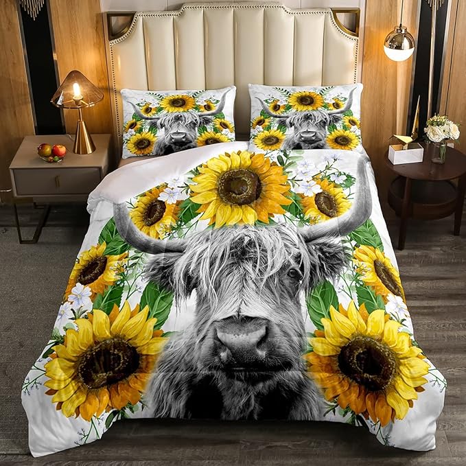Highland Cow Comforter Set Queen Sunflowers Art Down Comforter Rustic Bull Cattle Bedding Set For Kids Boys Girls Adult Farmhouse Western Funny Animal Wild Theme Duvet Set Grey Marble Comforter