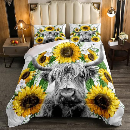 Highland Cow Comforter Set Queen Sunflowers Art Down Comforter Rustic Bull Cattle Bedding Set For Kids Boys Girls Adult Farmhouse Western Funny Animal Wild Theme Duvet Set Grey Marble Comforter