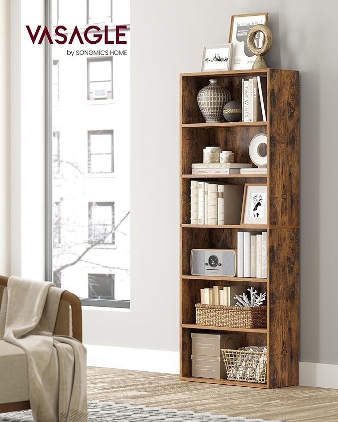 VASAGLE Bookshelf, 23.6 Inches Wide, 6-Tier Open Bookcase with Adjustable Storage Shelves, Floor Standing Unit, Rustic Brown ULBC166X01