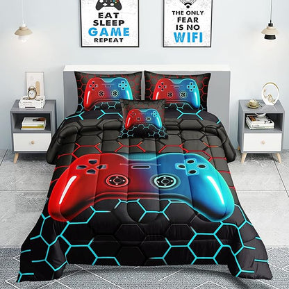 5 Pieces Bed in A Bag Gamer Bedding Set for Boys Kids Adult Gaming Comforters Set,Boys Bed in A Bag Set Twin Size Comforter with Fitted Sheet Flat Sheet Pillowcase pillowsham,DJTH5028Twin