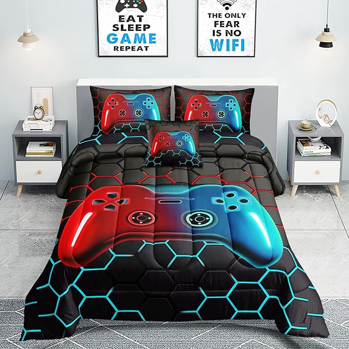 6 Pieces Bed in A Bag Gamer Bedding Set for Boys Kids Adult Gaming Comforters Set,Boys Bed in A Bag Set Queen Size Comforter with Fitted Sheet Flat Sheet Pillowcase pillowsham,DJTH5028Queen