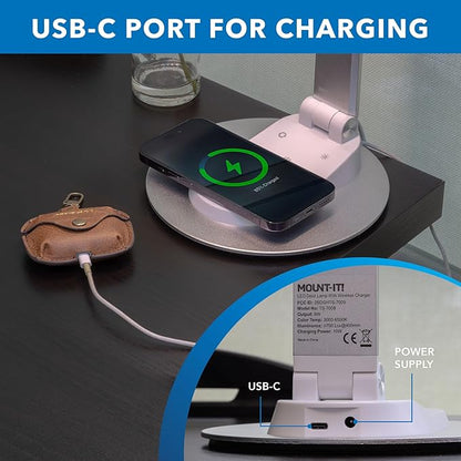 Mount-It! LED Desk Lamp with Wireless Charger and USB-C Charging Port, Dimmable Desk Lamp with 25 Brightness and Color Modes, for Home or Office, Adjustable Arm, Silver/White
