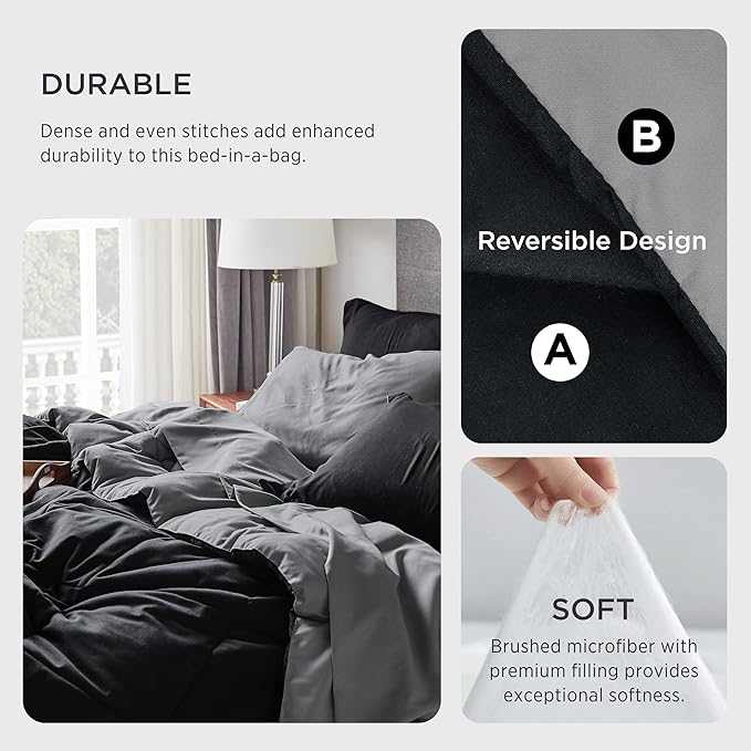 Bedsure Black Comforter Set King - 7 Pieces Reversible Black Bed Set King, Black Bedding Set King with Comforters, Sheets, Pillowcases & Shams, King Size Black Bed in a Bag