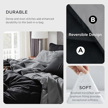 Bedsure Black California King 7 Pieces Reversible Bed Set Bed in a Bag with Comforters, Sheets, Pillowcases & Shams, Bedding Sets