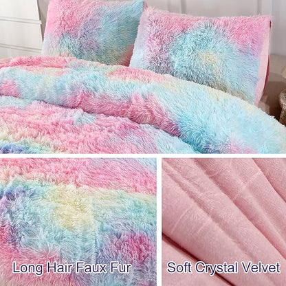 WINLIFE Shaggy Bedding Comforter Set Faux Fur Flannel Furry Comforter Microfiber Long Hair Fluffy Plush Comforter Sets Gradient Ombre Tie Dye MultiColor Bedding for Girls Adults (3Pcs, Full, Rainbow)