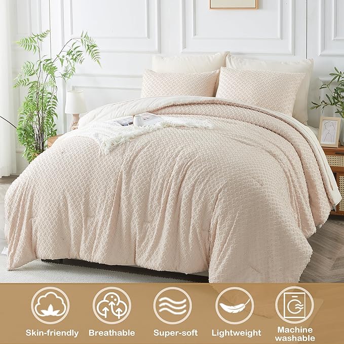 Twin Size Tufted Kids Comforter Set 6 Piece Beige Jacquard Tufts Embroidery Bedding Set for Boys Girls Bed in A Bag Quilt with 1 Comforter, 1 Flat Sheet, 1 Fitted Sheet, 1 Pillowcase and 2 Pillow Sham