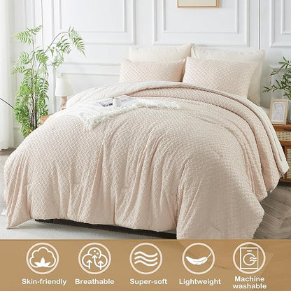 Twin Size Tufted Kids Comforter Set 6 Piece Beige Jacquard Tufts Embroidery Bedding Set for Boys Girls Bed in A Bag Quilt with 1 Comforter, 1 Flat Sheet, 1 Fitted Sheet, 1 Pillowcase and 2 Pillow Sham