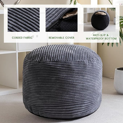 HIGOGOGO Round Stuffed Pouf Ottoman, Corduroy Poufs with Foam Chunk Filling, Furry and Fluffy Pouf Foot Stool Storage Ottoman, 26 X 18 Floor Poufs Foot Rest for Living Room, Dark Grey