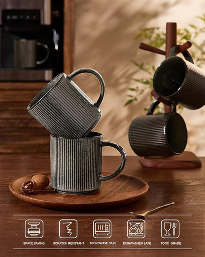 famiware Coffee Mug Set for 8, Star 16 oz Catering Mugs Cup Set with Handle for Coffee, Tea, Cocoa, Milk - Ceramic Stoneware Drinkware Set, Deep Forest