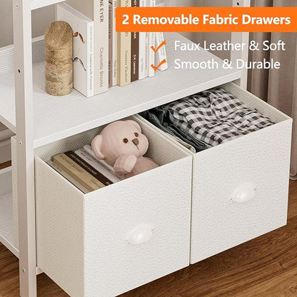 Furologee 5 Tier Bookshelf with Drawers, White Tall Bookcase with Shelves, Wood and Metal Book Shelf Storage Organizer, Modern Display Free Standing Shelf Unit for Bedroom, Living Room, Office