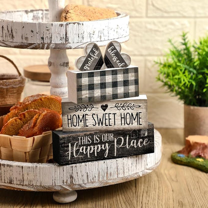 Moucuny 4 Pcs Farmhouse Decor Black and White Farmhouse Tiered Tray Decorations Home Sweet Home Table Centerpiece Wooden Blessed Heart Rustic Checked Kitchen Decor and Accessories Block Sign for Shelf