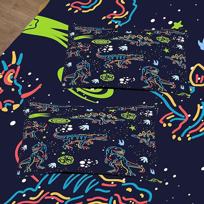 NINENINE Dinosaur Bedding Sets for Boys Kids,Dark Blue Retro Dinosaur Comforter Set,Queen Size Comforter Sets for Kids,with 1 Comforter 2 Pillowcases…