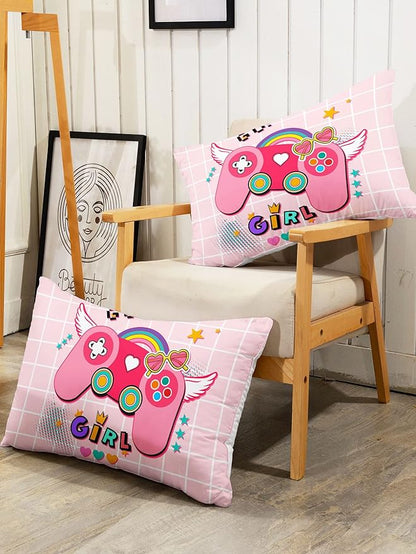Datura home Bedding Comforter Set Pink Gamepad Printed Pattern Quilt with 1 and 2 Pillowcases for Girls Bedroom All Season(Pink Full) Full 80x90inches