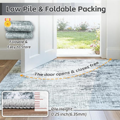 10x14 Washable Area Rug for Living Room Bedroom: Non-Slip Modern Black Grey | Machine Washable TPR Backing, Stain-Resistant Low Pile, Pet & Kid Friendly, Abstract Decor for Dining Room, Dorm, Home Office
