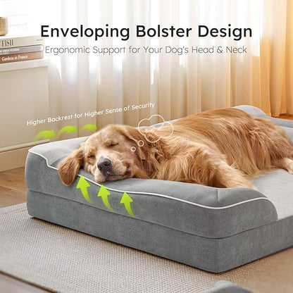 XXL Dog Bed for Large Dogs, Orthopedic Gel Memory Foam, Waterproof, 53" Dutch Velvet Sofa Bed, Light Gray