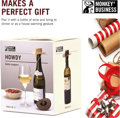 Monkey Business Howdy - 2-Pack Cowboy Hat Wine Stoppers – Fun Silicone Bottle Stoppers Keep Wine Fresh – Novelty Kitchen Gadgets & Cute Wine Accessories
