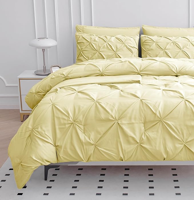 LANE LINEN Twin Comforter Set – 5 Piece Bed in a Bag – Pinch Pleated Twin Size Bedding Set with Comforter, Flat Sheet, Fitted Sheet, Pillowcase & Sham – Soft Pintuck Bed Set - Vanilla