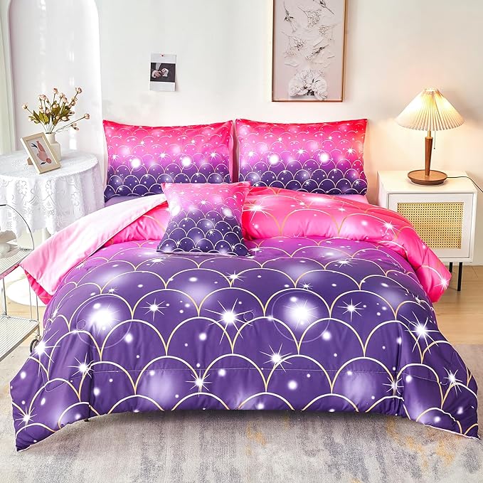 URBONUR 6Pcs Twin Comforter Set for Girls Pink and Purple Mermaid Printed Kids Bedding Set, Soft Microfber Gilrs Twin Bed Sets