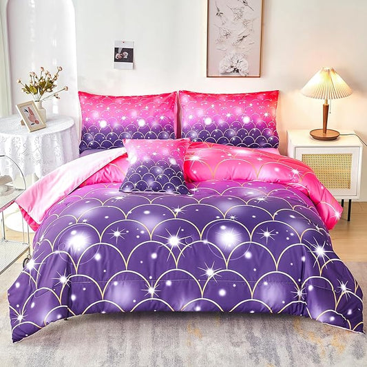 URBONUR 6Pcs Twin Comforter Set for Girls Pink and Purple Mermaid Printed Kids Bedding Set, Soft Microfber Gilrs Twin Bed Sets