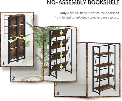 4NM No-Assembly Folding Bookshelf Storage Shelves 4 Tiers Vintage Bookcase Standing Racks Study Organizer Home Office (Rustic Brown and Black)