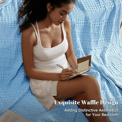PHF 100% Cotton Waffle Weave Blanket Twin Size, Soft Lightweight Breathable Cozy Summer Blankets for Bed, Luxury Aesthetic Woven Bedding for Home Decor, 66"x90", Sky Blue