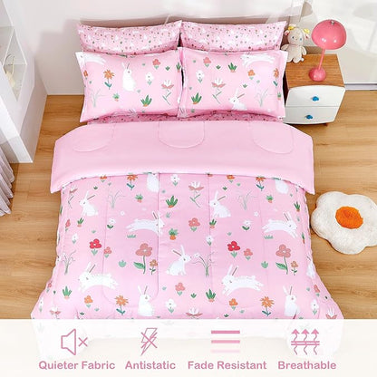 Mooreeke Bed in a Bag for Kids Girls Teens, 5 Pieces Twin Size Comforter Bed Set with Shams, Sheet Set, Rabbit Pink Super Soft Microfiber Kids Comforter Bedding Set