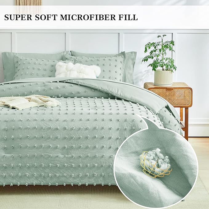 7 Pieces Tufted Dots Bed in a Bag Queen Comforter Set with Sheets Green , Soft and Embroidery Shabby Chic Boho Comforters, Solid Color with Pom Pom Design, Jacquard Tufts Bedding Set for All Season