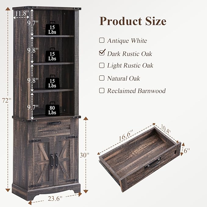 RedLemon Bookshelf with Storage Cabinet, 72" Tall Farmhouse Bookcase with Adjustable Shelves and Barn Door, 4 Tier Office Wood Bookshelf with Drawer for Office Library Living Room (Dark Rustic Oak)