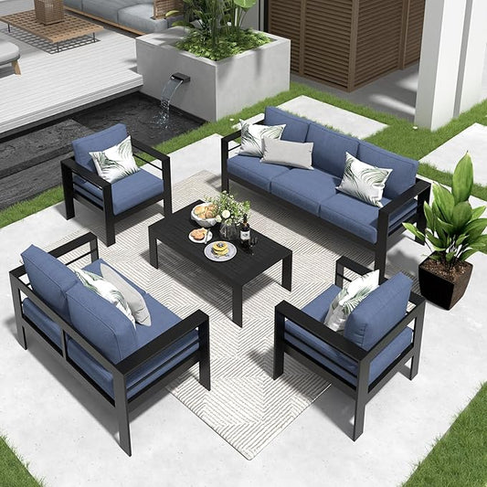 Solaste Aluminum Patio Furniture Set,5 Pieces Modern Outdoor Conversation Set Sectional Sofa with Upgrade Cushion and Coffee Table,Black Frame and Blue Cushion