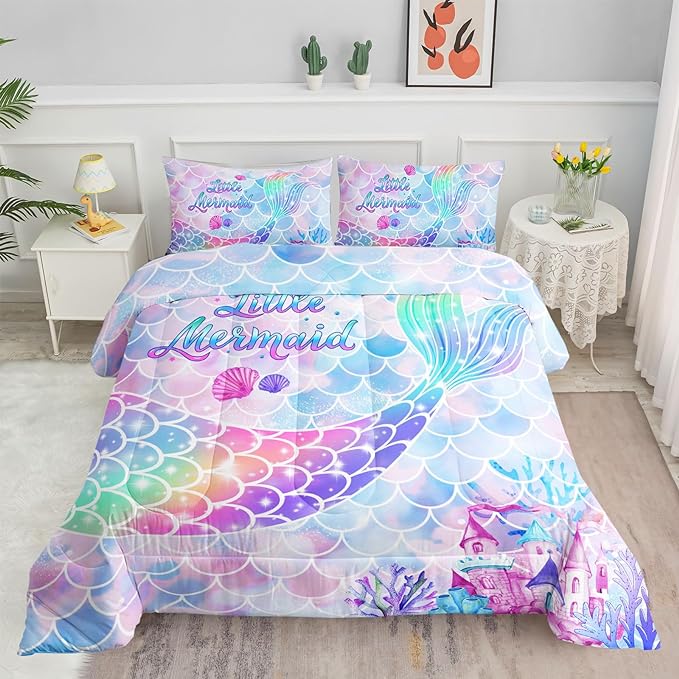 Datura home Bedding Comforter Set Rainbow Purple Mermaid Tail Printed Comforter Set with 1 Comforter and 2 Pillowcases for Girls Bedroom All Season(Rainbow Purple Full)