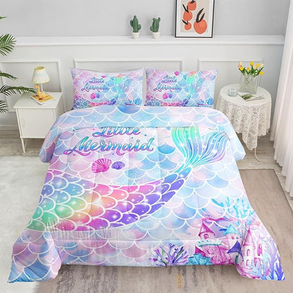 Datura home Bedding Comforter Set Rainbow Purple Mermaid Tail Printed Comforter Set with 1 Comforter and 2 Pillowcases for Girls Bedroom All Season(Rainbow Purple Twin)