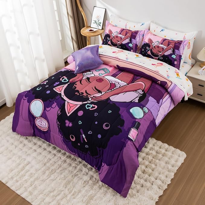 A Nice Night Purple Comforter Sets,Black Girl Listening Music Printed, 6Pcs Bed in A Bag Twin Size All Seasons Bedding Set,for Kids, Girls