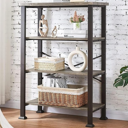 HOMBAZAAR Bookshelf, 4-Tier Vintage Industrial Book Shelf, Rustic Wood and Metal Bookcase and Bookshelves, Free Standing Storage Large Bookshelf for Living Room, Bedroom and Kitchen, Grey Oak