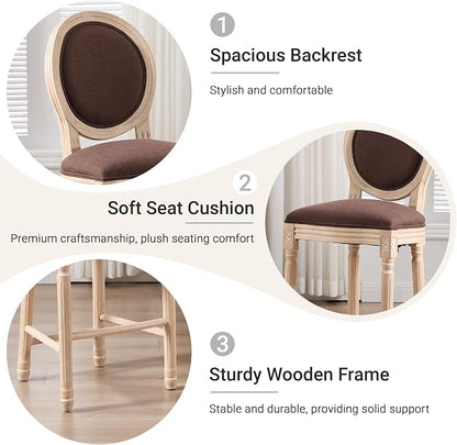 French Country Barstool, Linen Farmhouse Counter Height Chair | Set of 6, with Cushion Round Back and Solid Wood Legs, Oval Chairs for Restaurant, Bar, Kitchen, Café, Brown