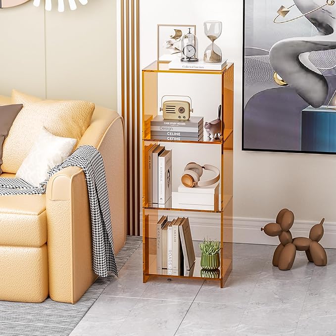 Acrylic Bookcase, 3 Tier Clear Floor Standing Bookshelf, 31.5 inch Tall Display Cube Storage Shelf Home Decor Furniture for Home, Office, Living Room, Bedroom - Transparent Orange