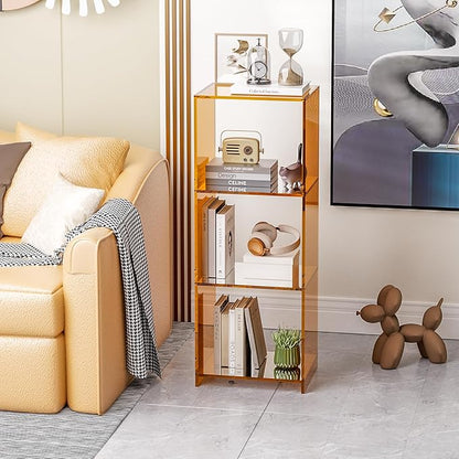 Acrylic Bookcase, 3 Tier Clear Floor Standing Bookshelf, 31.5 inch Tall Display Cube Storage Shelf Home Decor Furniture for Home, Office, Living Room, Bedroom - Transparent Orange