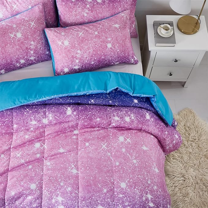 Purple Glitter Comforter Set Full/Queen Size for Girls, Sparkle Galaxy Twinkle for Kids Teen,3 Piece Blue Purple Pink Ombre Pastel Bedding Set 2 Pillow Cases(Purple,Queen),(3-Piece)