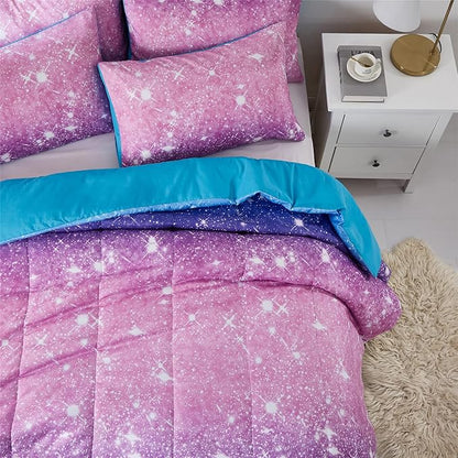 Purple Glitter Comforter Set Full/Queen Size for Girls, Sparkle Galaxy Twinkle for Kids Teen,3 Piece Blue Purple Pink Ombre Pastel Bedding Set 2 Pillow Cases(Purple,Queen),(3-Piece)