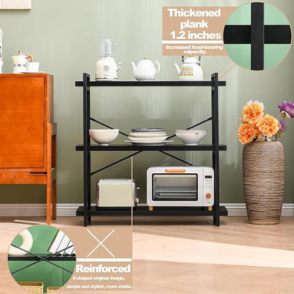 HCHQHS Bookshelf, 3-Tier Industrial Bookcase, Black Open Book Shelf, Freestanding Horizontal Bookshelves with Metal Frame